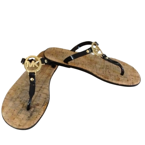 Michael Kors Black Thong Sandals Patent Leather And Cork Flip Flops Size 7 - Picture 1 of 9